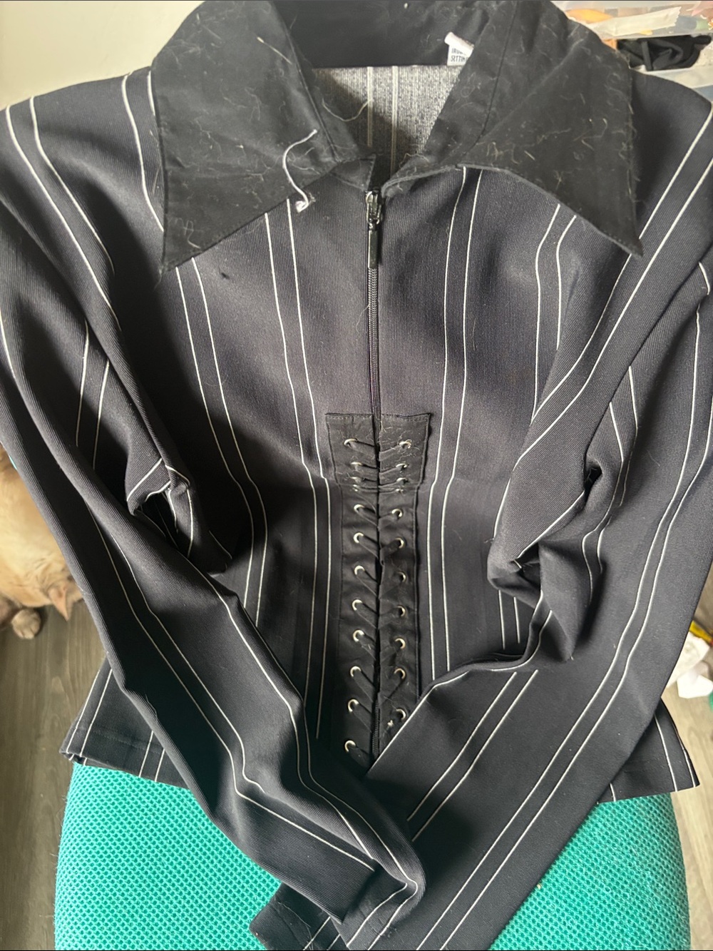 ravel Black Pinstripe Button-Down Shirt with Lace-Up Front - Picture 1 of 2